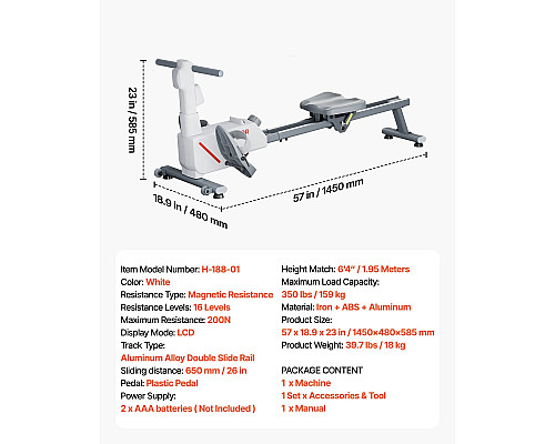 Веслувальний тренажер магнітний VEVOR сіро-білий
