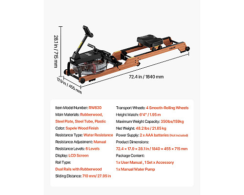Веслувальний тренажер водний VEVOR, коричневий