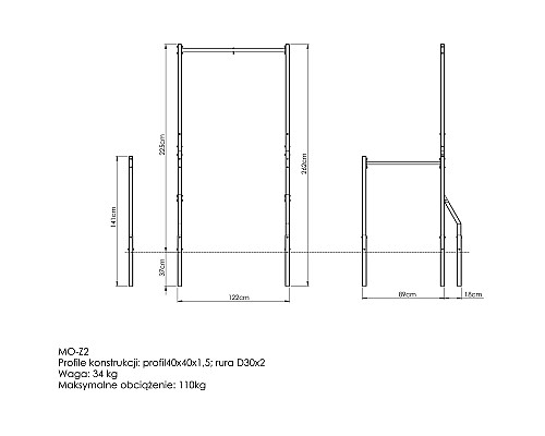 Штанга зовнішня для підтягування з тримачем для сумки та довгими поручнями Marbo Sport, MO-Z2