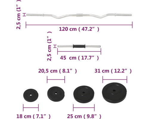 Штанга та гантелі vidaXL, з ваговими пластинами, 60 кг