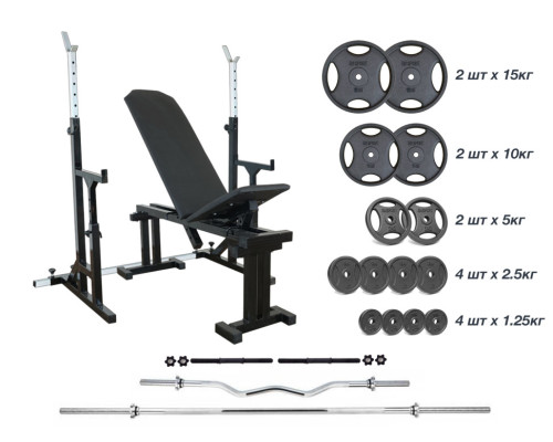 Лавка 090 + Стійки зі страхувальними упорами UM 0150 Штанга + металева 83 кг, гриф W, гантелі RN-Sport