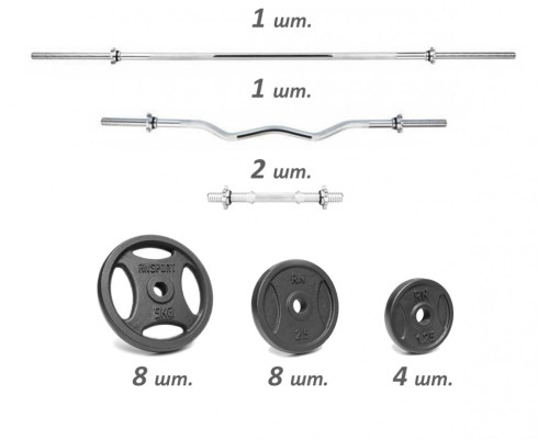 Набірна штанга та гантелі. Металеві диски RN-Sport + 4 грифи. 80 кг ваги