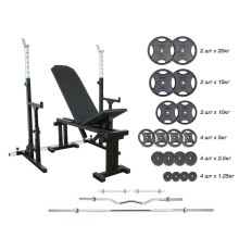 Лавка 090 + Стійки зі страхувальними упорами UM 0150 + 125 кг дисків + 4 грифи RN-Sport