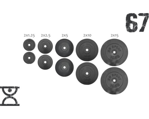 Набір 67 кг (2х1.25, 2х2.5, 2x5, 2х10 та 2x15) дисків, RN Sport покритих пластиком (31 мм)