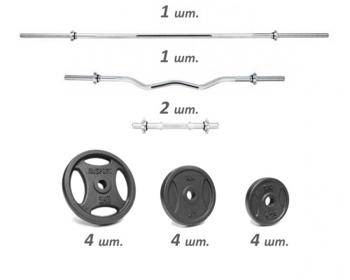 Набірні металеві штанги та гантелі 50 кг, 4 грифи + диски RN-Sport