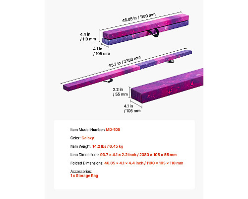 Дитяча гімнастична балка VEVOR MD-105 2,38 м, фіолетова