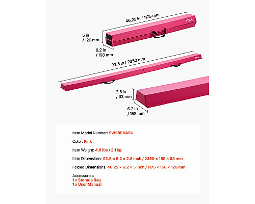 Дитяча гімнастична балка VEVOR SWS8EVASU 233 см, рожева