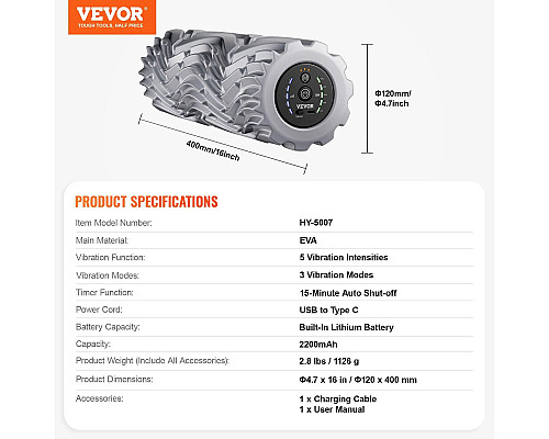 Масажний ролик VEVOR  HY-5007, сірий