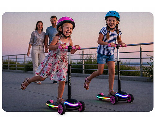 Дитячий самокат триколісний Ricokids Leddi чорно-рожевий