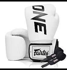 Рукавички боксерські шкіряні з бинтами Fairtex BGV1-ONE 10 унцій, білі