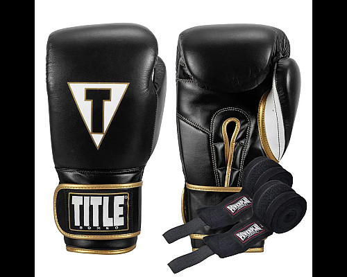 Рукавички боксерські шкіряні з бинтами TITLE Boxeo Mexican розмір 12 унцій, чорно-білі