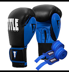 Рукавички боксерські шкіряні з бинтами TITLE Boxing Dynamic Strike розмір 12 унцій, чорно-сині