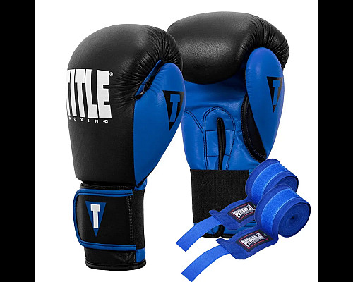 Рукавички боксерські шкіряні з бинтами TITLE Boxing Dynamic Strike розмір 12 унцій, чорно-сині