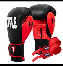 Рукавички боксерські шкіряні з бинтами TITLE Boxing Dynamic Strike розмір 12 унцій, чорно-червоні