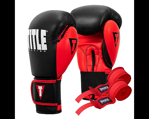 Рукавички боксерські шкіряні з бинтами TITLE Boxing Dynamic Strike розмір 14 унцій, чорно-червоні