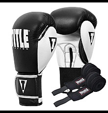 Рукавички боксерські шкіряні з бинтами TITLE Boxing Dynamic Strike розмір 14 унцій, чорно-білі