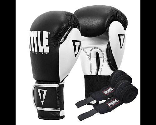Рукавички боксерські шкіряні з бинтами TITLE Boxing Dynamic Strike розмір 14 унцій, чорно-білі