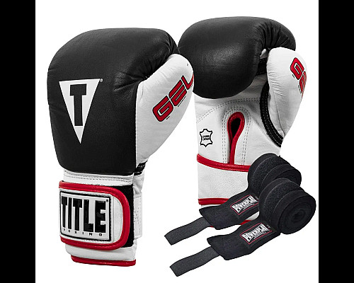 Рукавички боксерські шкіряні з бинтами TITLE Boxing Gel розмір 10 унцій, чорні