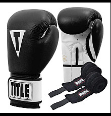 Рукавички боксерськ шкіряні з бинтами TITLE Premier Leather розмір 12 унцій, чорно-білі 