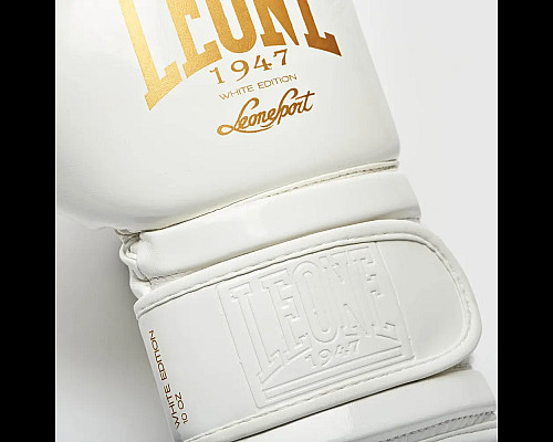 Рукавички боксерські з капою Leone GN059W розмір 16 унцій, біло-золотисті
