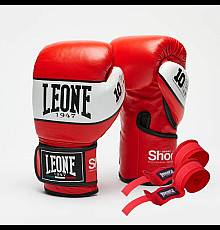 Рукавички боксерські шкіряні з бинтами Leone GN047 SHOCK розмір 12 унцій, червоні