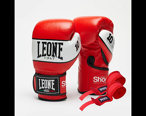 Рукавички боксерські шкіряні з бинтами Leone GN047 SHOCK розмір 12 унцій, червоні