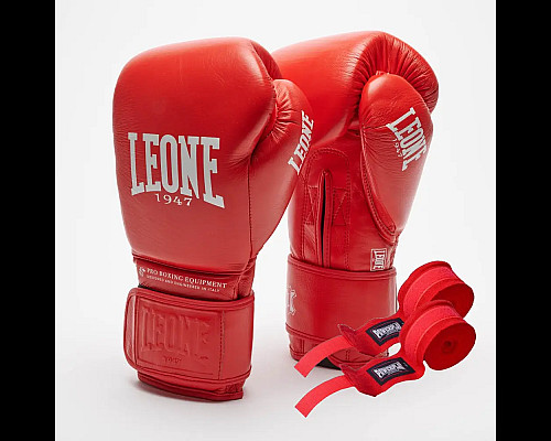 Рукавички боксерські шкіряні з бинтами Leone GN111 THE GREATEST розмір 16 унцій, червоні