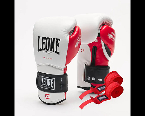 Рукавички боксерські з бинтами Leone GN113 IL TECNICO N3 розмір 10 унцій, біло-червоні