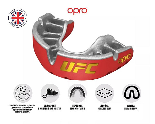 Капа боксерська доросла OPRO Gold UFC від 11 років червоно-срібляста