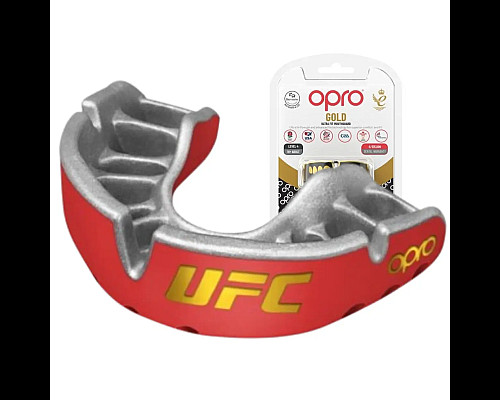 Капа боксерська доросла OPRO Gold UFC від 11 років червоно-срібляста