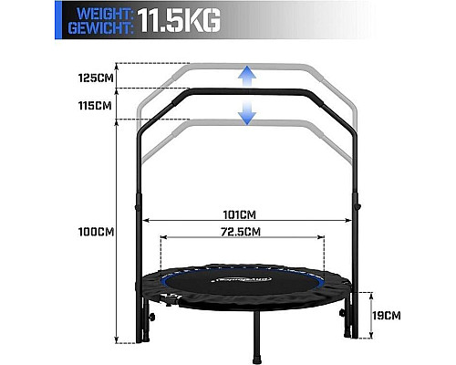 Батут для фітнесу Physionics JG86914 з поручнем 3,5 футів 101 см чорно-синій
