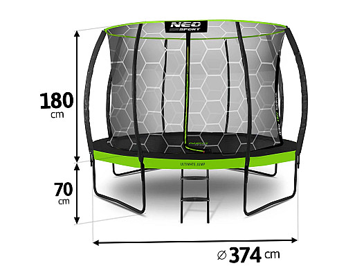 Батут Neo-Sport з внутрішньою сіткою 12 футів 374 см чорно-зелений