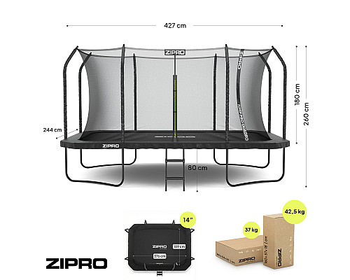 Батут Zipro Jump Pro Quadro з внутрішньою сіткою 8 x 14 футів 427 x 244 см чорний