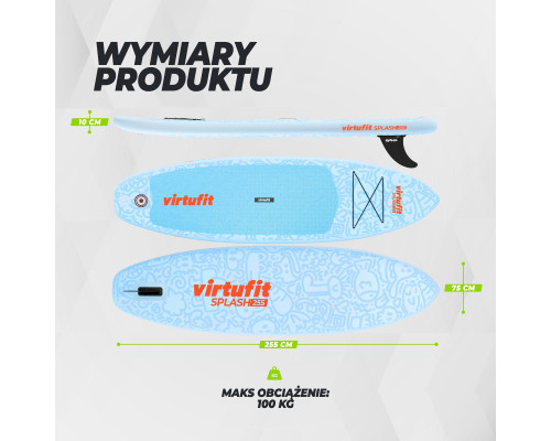 Надувна SUP дошка (Сапборд) VIRTUFIT SPLASH 255 см, блакитна
