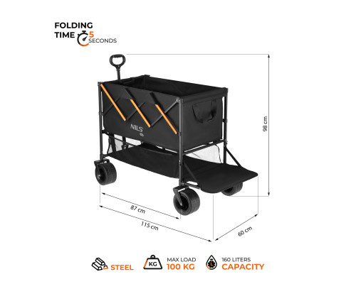 Візок розкладний NILS CAMP NC2607 XXL 160 л, чорно-оранжевий