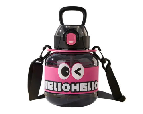 Дитяча пляшка для води Yiwu HELLO-HELLO 680 мл з ремінцем, чорно-рожева Дитяча пляшка для води Yiwu HELLO-HELLO 680 мл з ремінцем, чорно-рожева