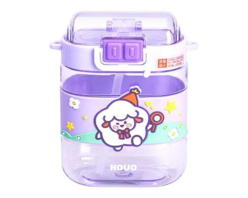 Дитяча пляшка для води Yiwu Magic Lamb 560 мл з ремінцем, фіолетова Дитяча пляшка для води Yiwu Magic Lamb 560 мл з ремінцем, фіолетова
