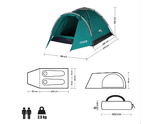 Намет двомісний NILS CAMP NC6010 Hiker, 275 х 150 х 105 см, зелений