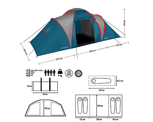 Намет чотиримісний NILS CAMP NC6431 Highland IV, 450 х 210 х 190 см, синьо-сірий