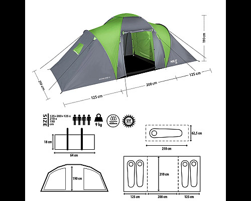 Намет кемпінговий NILS CAMP NC6431 HIGHLAND IV сіро-зелений