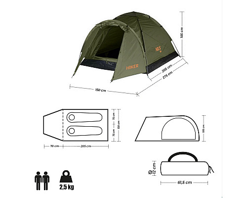 Намет туристичний двомісний NILS CAMP NC6010 HIKER, хакі