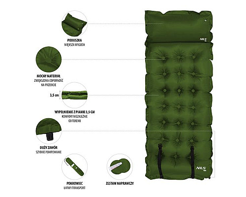 Килимок самонадувний NILS CAMP NC4018, 188 х 66 х 3,5 см - темно-зелений
