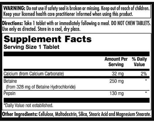Betaine HCl Plus 250mg - 250 tabs