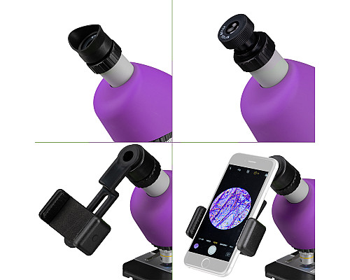 Мікроскоп Bresser Junior 40x-640x Purple з набором для дослідів і адаптером для смартфона (8851300GSF000)