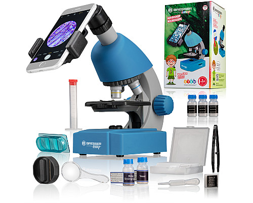 Мікроскоп Bresser Junior 40x-640x Blue з набором для дослідів та адаптером для смартфона (8851300WXH000)