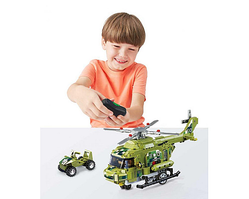 Дитячий конструктор Alpha Військовий гелікоптер та машинка на дистанційному керуванні 676 ел, зелено-чорний