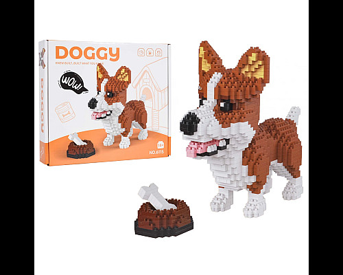 Дитячий конструктор Ramiz 6115 Welsh Corgi з мисочкою на кісткою 1200 ел, коричнево-білий