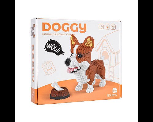 Дитячий конструктор Ramiz 6115 Welsh Corgi з мисочкою на кісткою 1200 ел, коричнево-білий