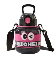 Дитяча пляшка для води Yiwu HELLO-HELLO 680 мл з ремінцем, чорно-рожева